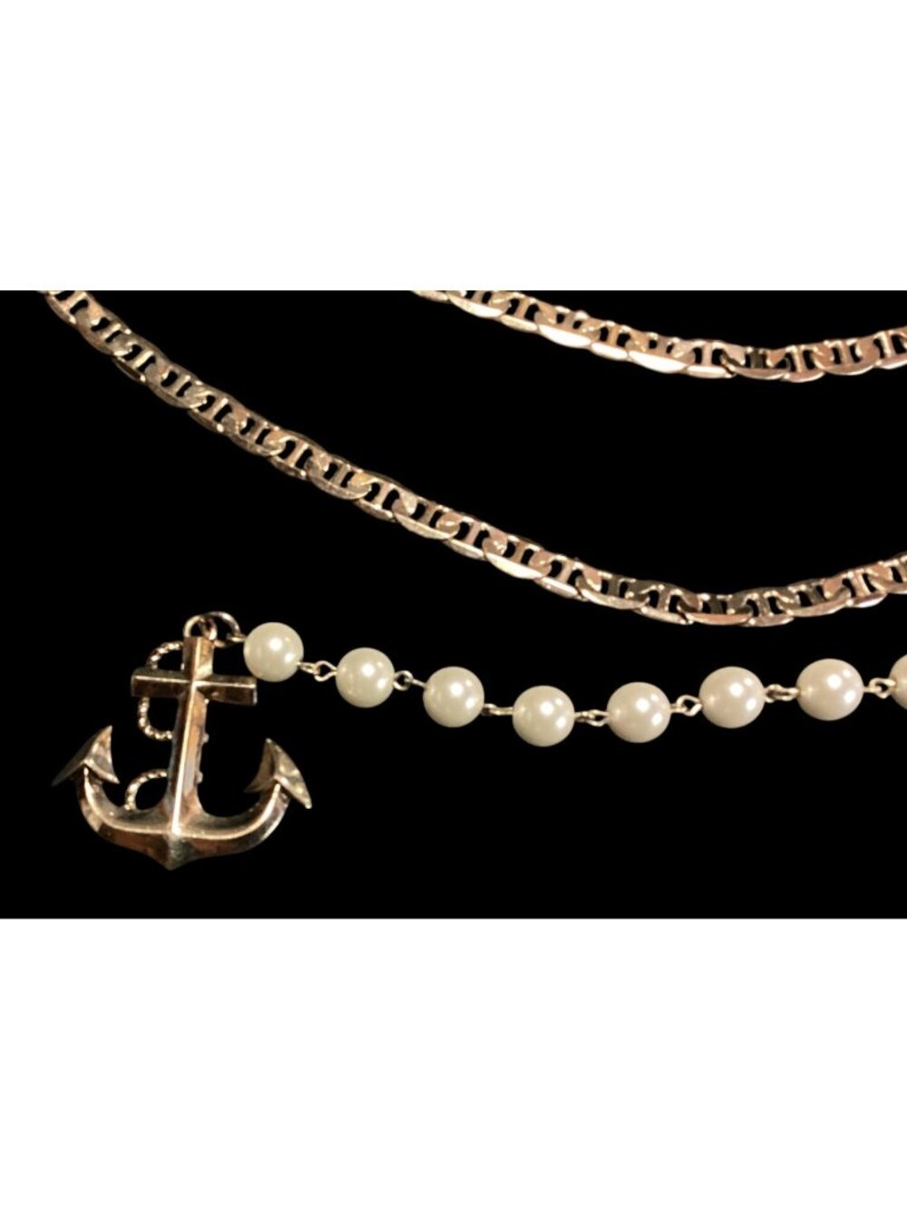 Gold Tone Betsey Johnson Mariner Chain Belt with Faux Pearls and Anchor Nautical - Picture 2 of 4
